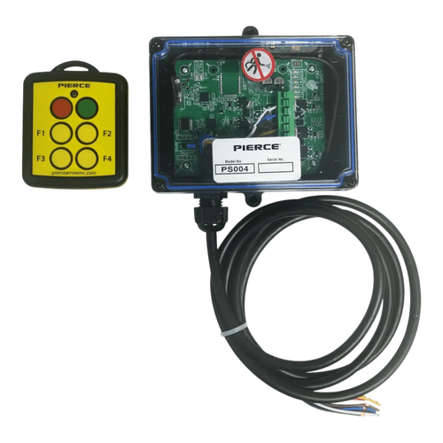 The Lodar LTD 4 Function Wireless Remote Control System features a remote and wired controller with labeled buttons and exposed circuit board, ideal for use in trailer control systems or 12/24V work truck applications.
