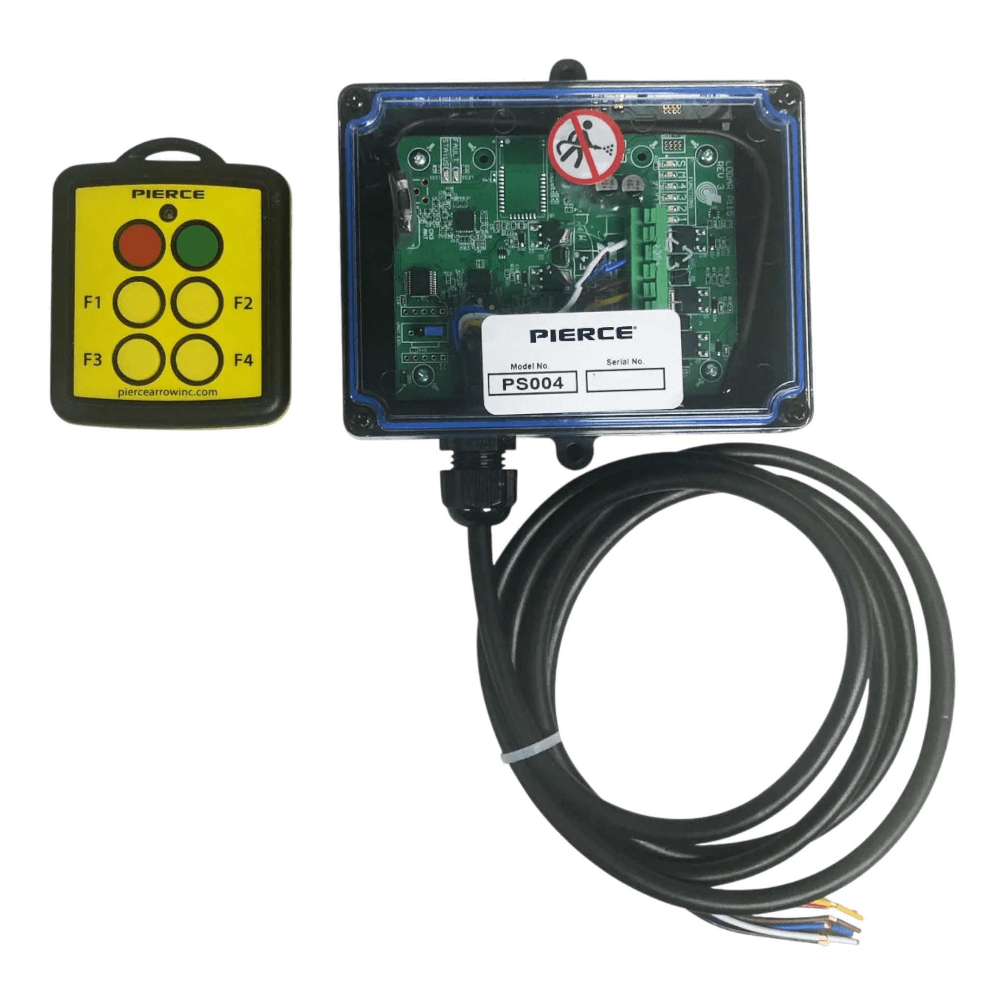 The PIERCE 4 Function Wireless Remote Control System | Roll-off Trailer Edition features a remote with F1–F4 buttons, designed for convenient hydraulic pump or roll-off trailer operation.