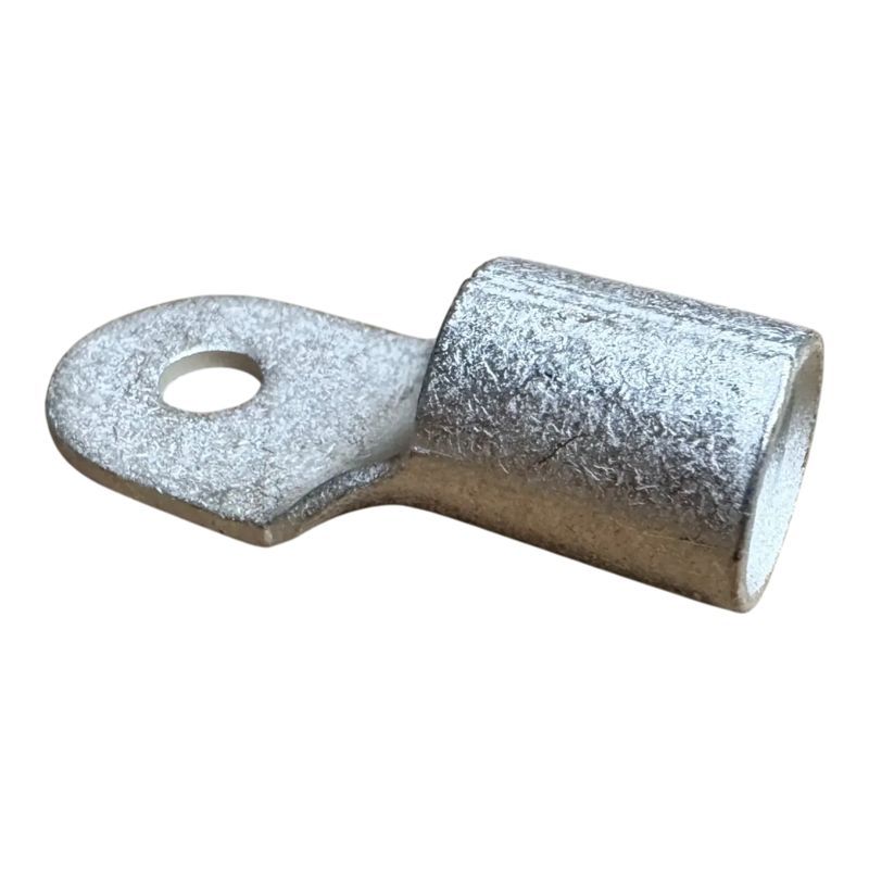 The PIERCE Winch Cable Eyelet for PS9000 and PS12000 Recovery Winches is a silver metal connector with a cylindrical end and flat hole, ideal for securing electrical wires in winch cable systems.
