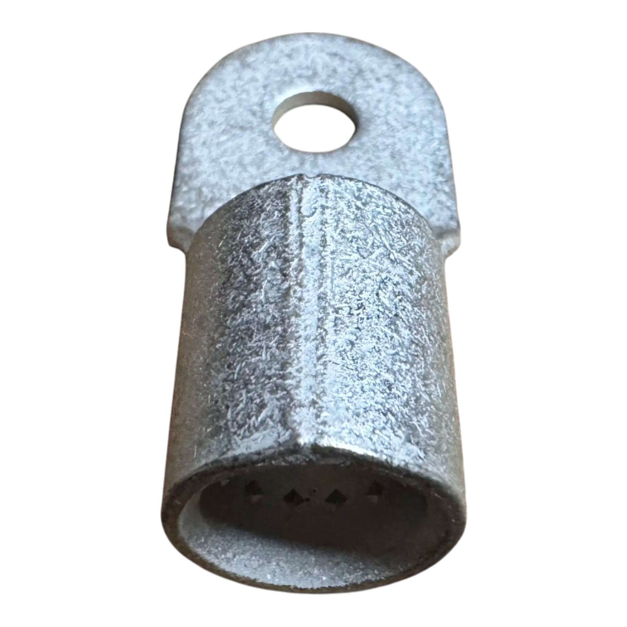 Close-up of the PIERCE Winch Cable Eyelet, designed for PS9000 and PS12000 recovery winches, with a bolting hole and cylindrical wire opening—ideal for secure cable connections.