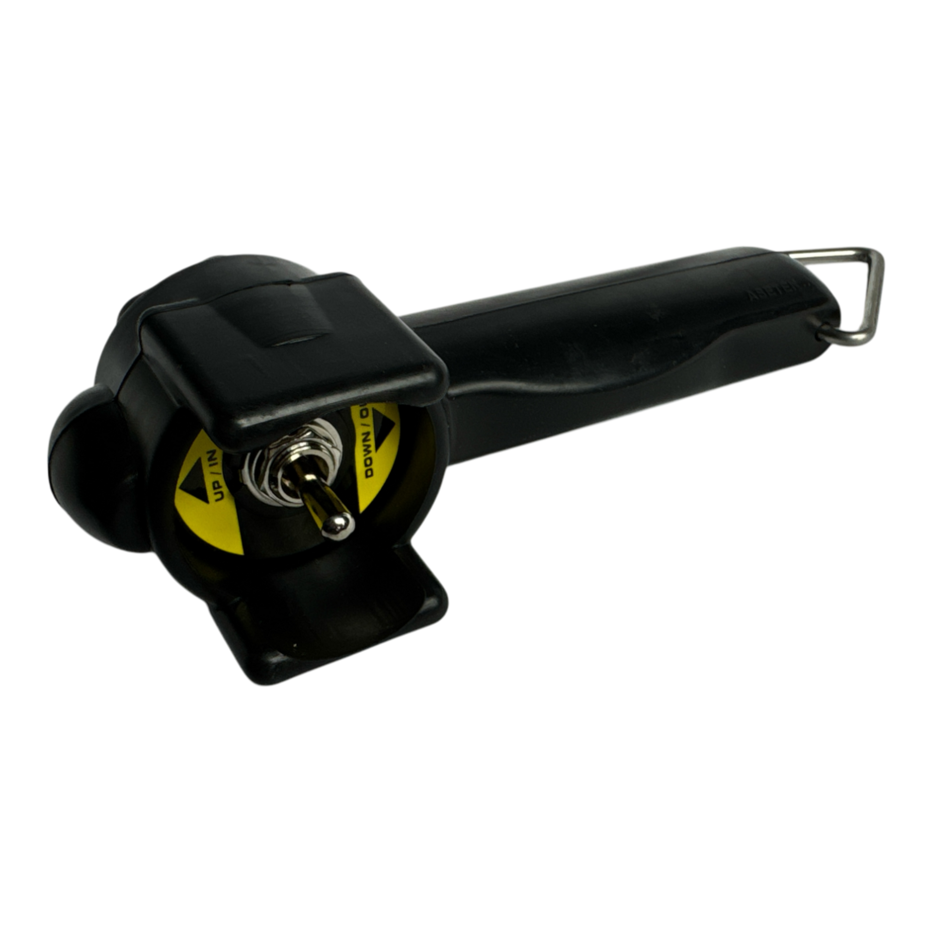 Close-up of a PIERCE Universal Toggle Switch Remote in black plastic, featuring a convenient metal hook, set against a vibrant yellow background.