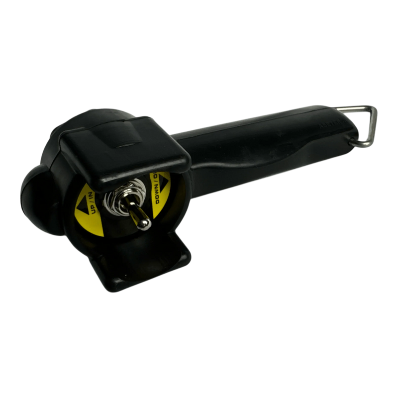 A black PIERCE Universal Toggle Switch Remote - No Cord featuring a metal toggle, yellow safety label, and design inspired by PIERCE winch remotes.
