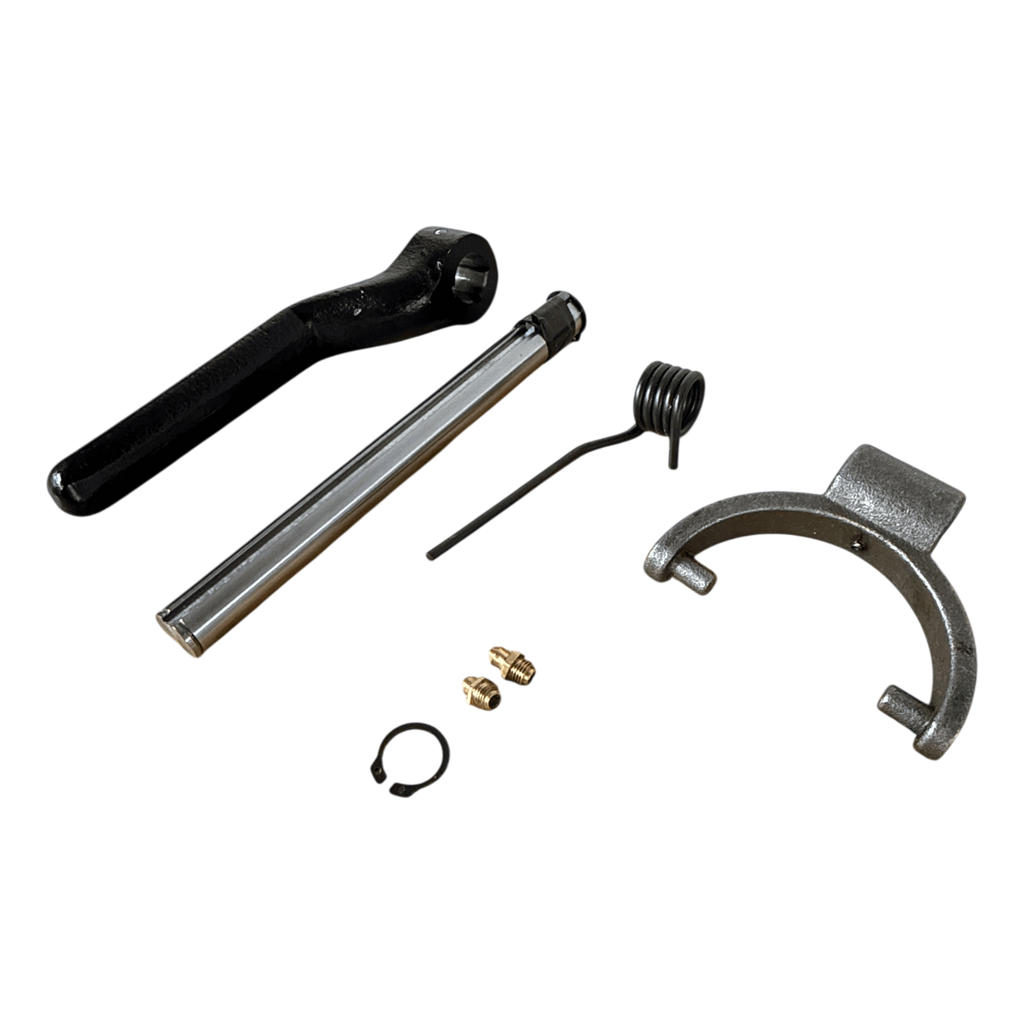 Five assorted metal mechanical parts for the PIERCE 110V Electric Winch – 7,500 lb, 8" Split Drum are displayed on a white background, including a lever, spring, fork, and dual pull point components.