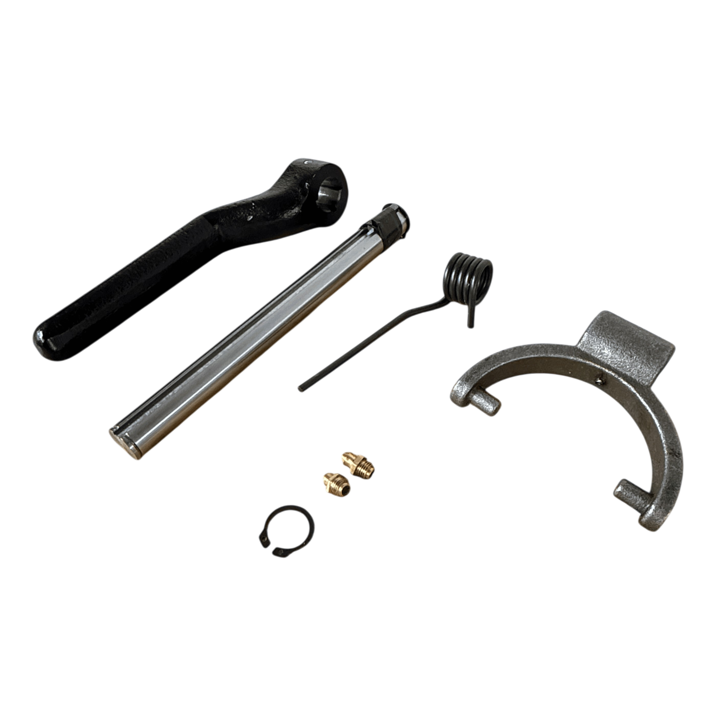 Five assorted metal mechanical parts for the PIERCE 110V Electric Winch – 7,500 lb, 8" Split Drum are displayed on a white background, including a lever, spring, fork, and dual pull point components.