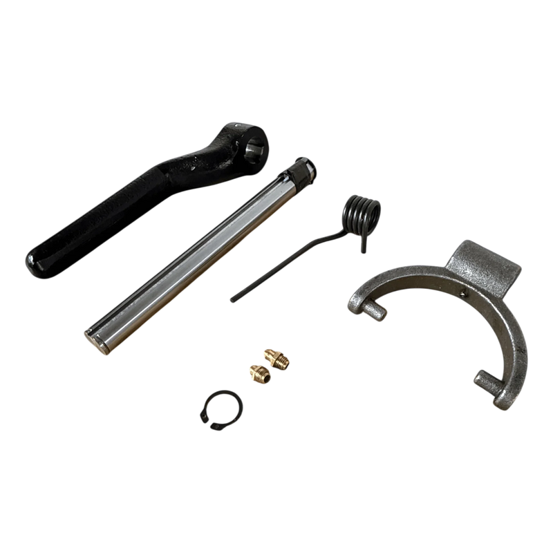 Five assorted metal mechanical parts for the PIERCE 110V Electric Winch – 7,500 lb, 8" Split Drum are displayed on a white background, including a lever, spring, fork, and dual pull point components.