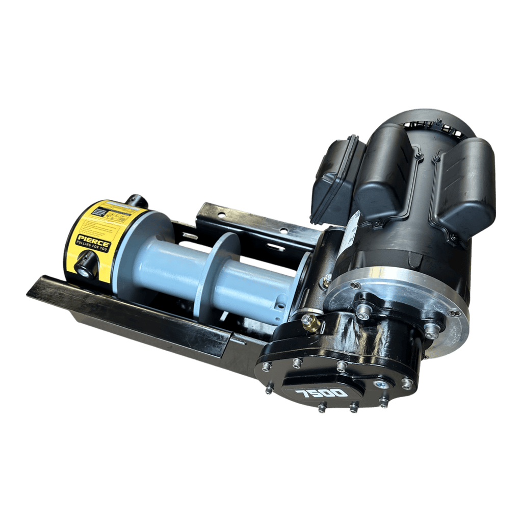 The PIERCE 110V Electric Winch – 7,500 lb, 11" Split Drum features a black motor housing and yellow label on a metal base—perfect for heavy-duty tasks requiring dependable electric lifting power. Brand: PIERCE.