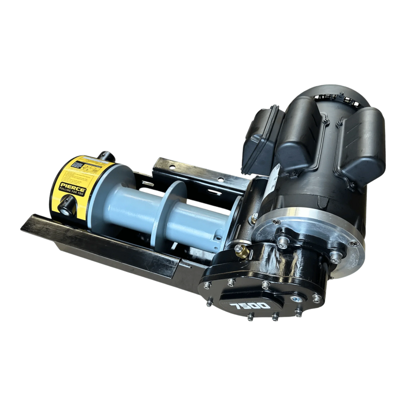 The PIERCE 110V Electric Winch – 7,500 lb, 11" Split Drum features a black motor housing and yellow label on a metal base—perfect for heavy-duty tasks requiring dependable electric lifting power. Brand: PIERCE.