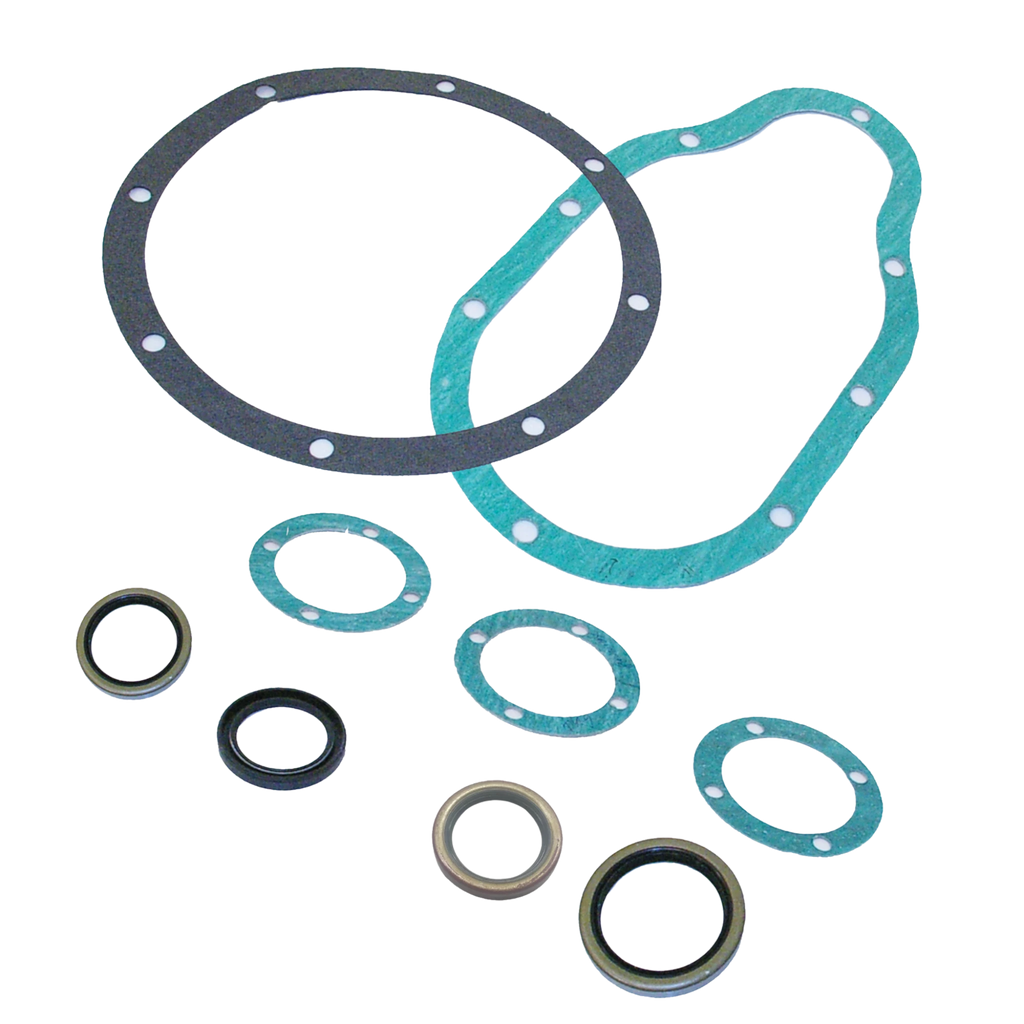 Assorted automotive gaskets and seals, including the PIERCE Seal Kit for Electric Worm Gear Winches, arranged on a white background.