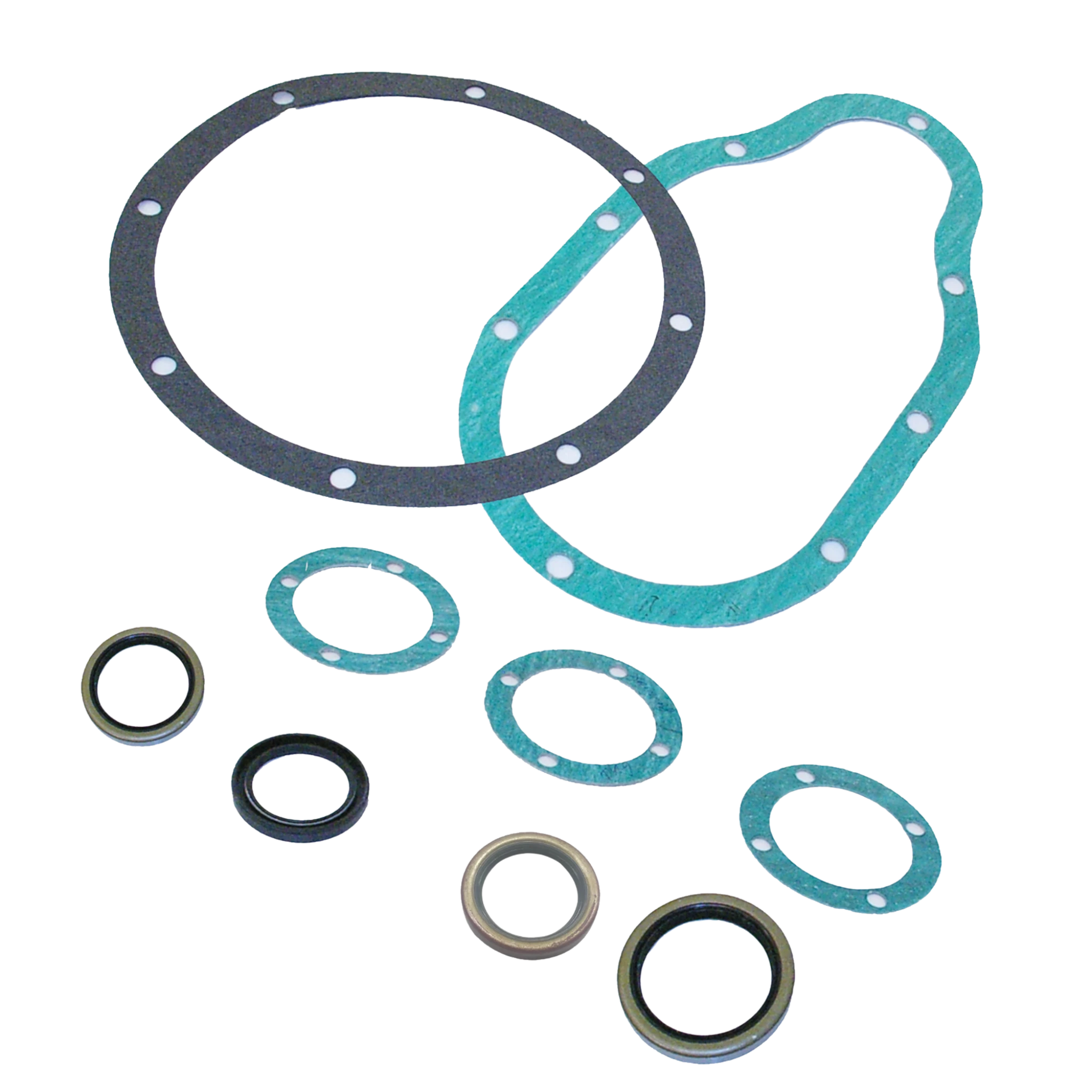 An assortment of gaskets and seals from the PIERCE Seal Kit for Electric Worm Gear Winches, arranged on a white background—perfect for seal kit assembly or as replacement parts for your PIERCE winch.