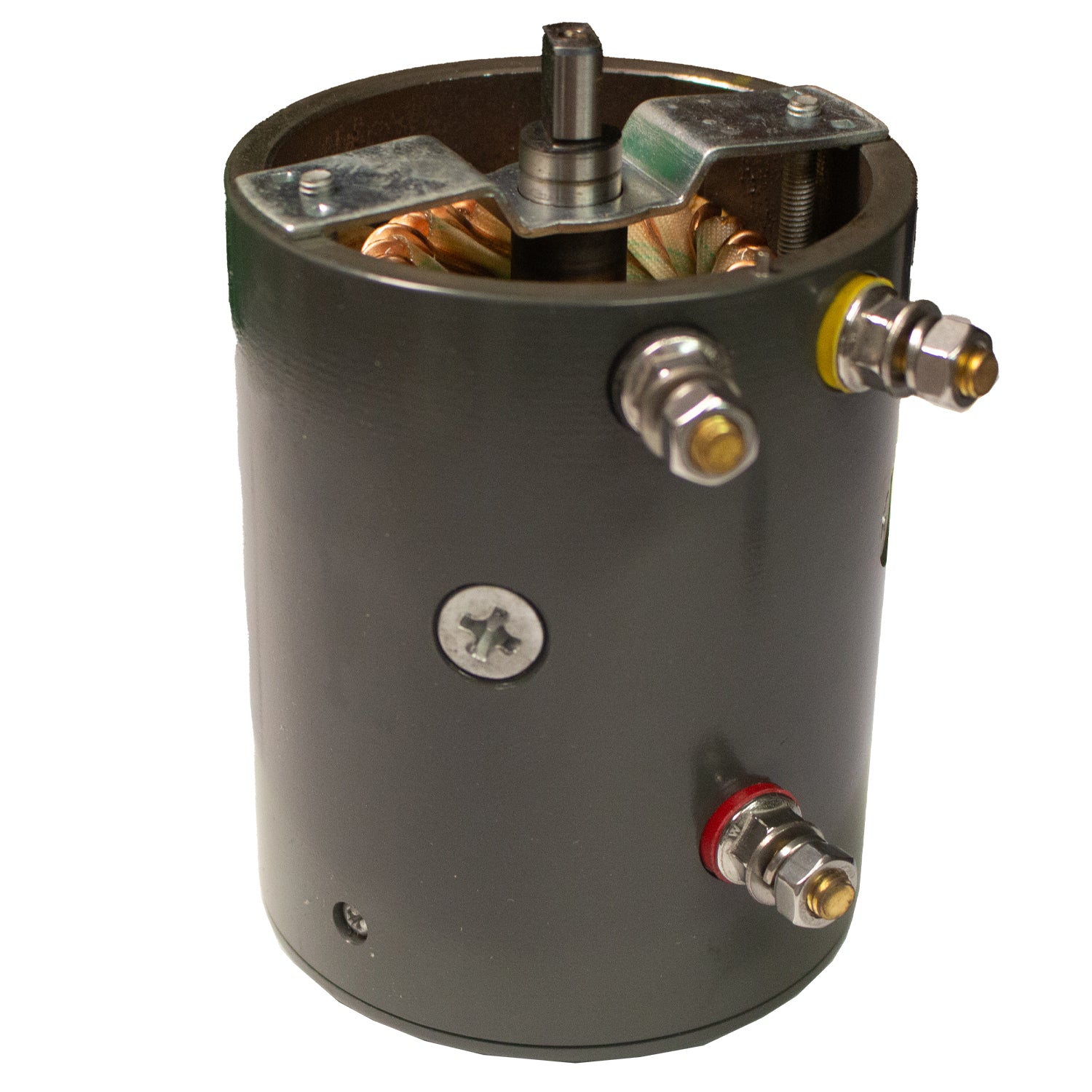 A cylindrical electric motor from PIERCE, compatible as a replacement for the 20,000 lbs Electric Planetary Winches Style 2, showcases visible wiring and connectors on the side.