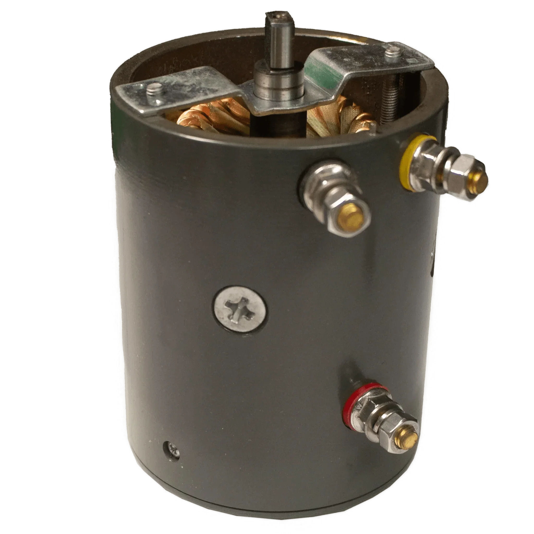 A black cylindrical PIERCE electric planetary winch motor, Style 2, for 20,000 lbs capacity, features visible terminals and a central rotating shaft.