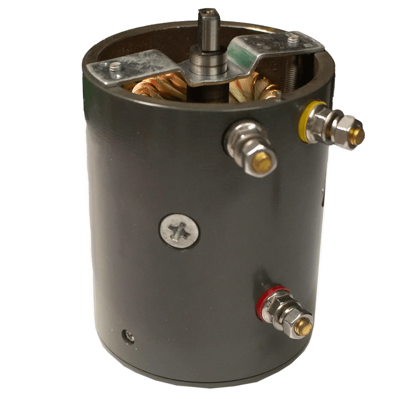 A black cylindrical PIERCE electric planetary winch motor, Style 2, for 20,000 lbs capacity, features visible terminals and a central rotating shaft.
