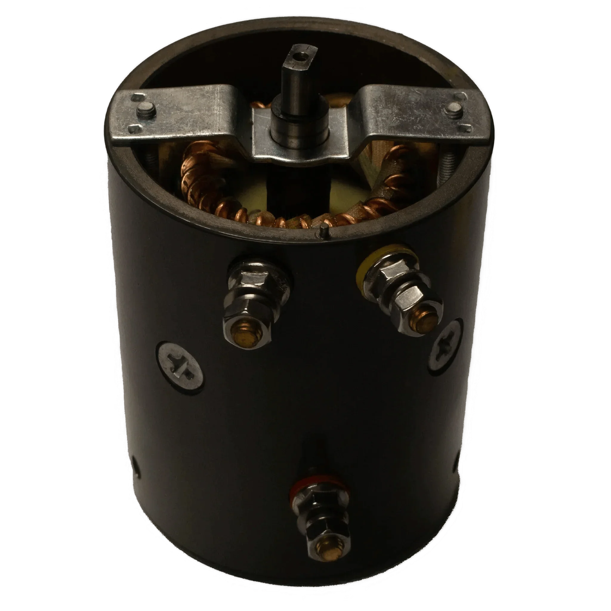 The PIERCE Winches Motor, Electric Planetary Winches Style 2 (20,000 lbs), features coils, metal connectors, and terminal bolts—perfect as a three post motor for PS20000 and PS15000 winch applications—shown against a dark background.