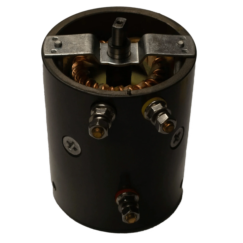 The PIERCE Winches Motor, Electric Planetary Winches Style 2 (20,000 lbs), features coils, metal connectors, and terminal bolts—perfect as a three post motor for PS20000 and PS15000 winch applications—shown against a dark background.