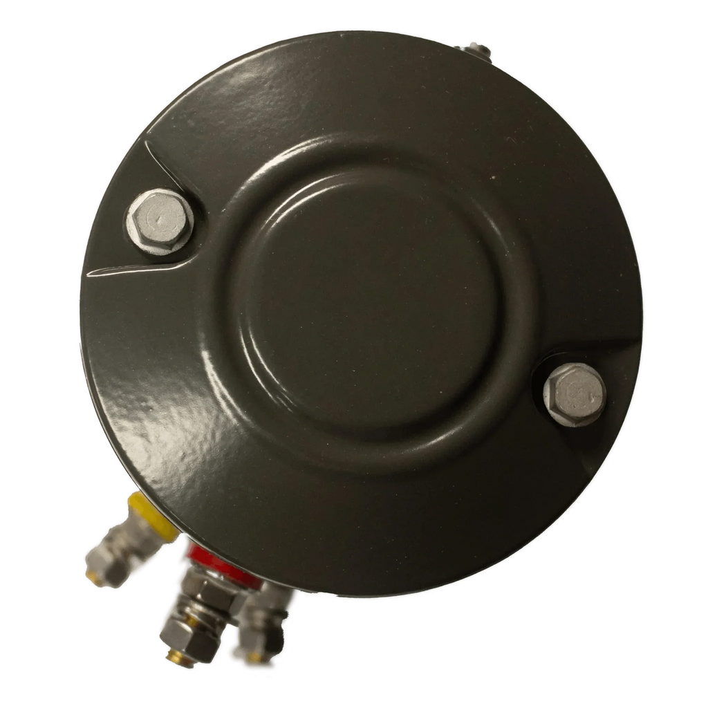 Top view of a round metal PIERCE Electric Planetary Winch Motor, 20,000 lbs Style 2, with bolts and fittings, on a white background.