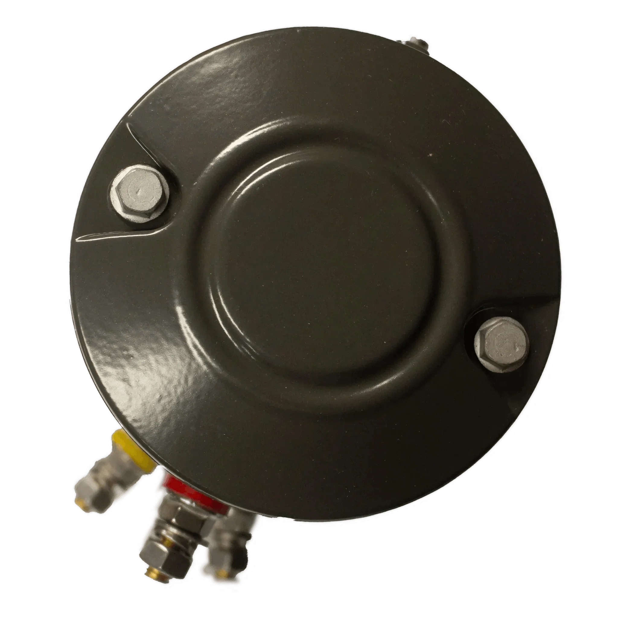 Top view of a round metal PIERCE Electric Planetary Winch Motor, 20,000 lbs Style 2, with bolts and fittings, on a white background.