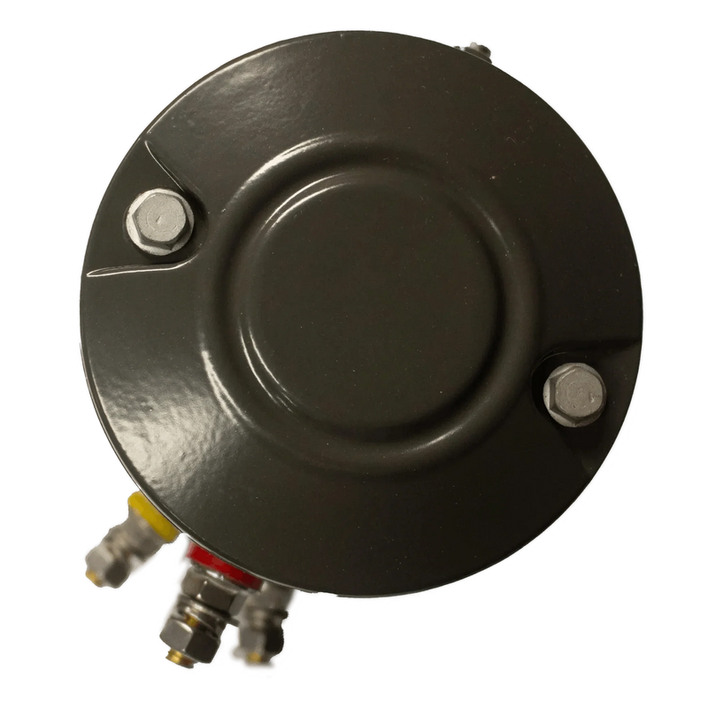 Top view of a round metal PIERCE Electric Planetary Winch Motor, 20,000 lbs Style 2, with bolts and fittings, on a white background.
