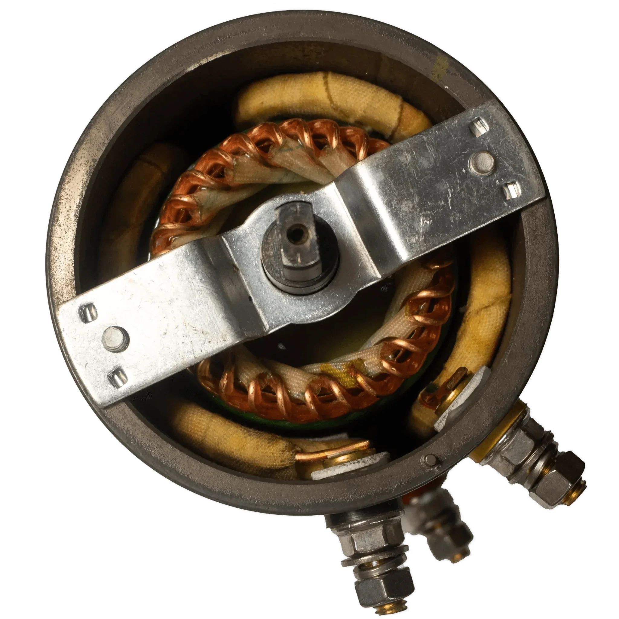 Top view of a three-post motor stator with copper windings and connectors, as used in PIERCE Winches | Motor | Electric Planetary Winches | 20,000 lbs | Style 2.