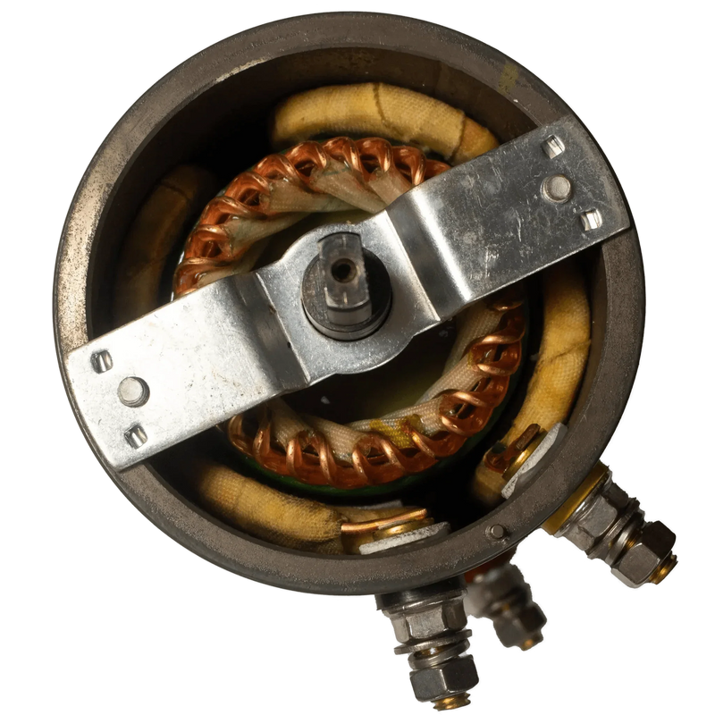 Top view of a three-post motor stator with copper windings and connectors, as used in PIERCE Winches | Motor | Electric Planetary Winches | 20,000 lbs | Style 2.