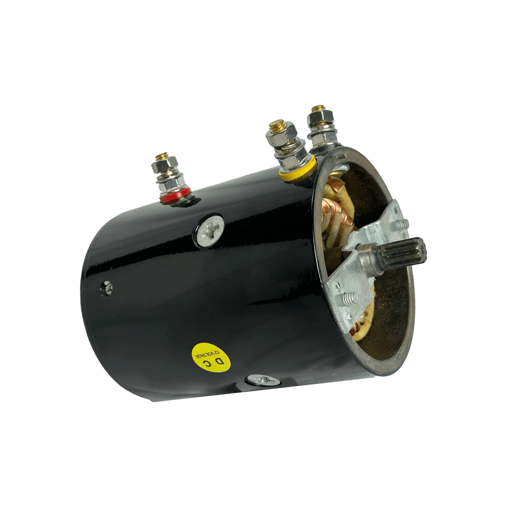 A black cylindrical PIERCE 9,000/12,000 lb Electric Planetary Winch Motor (Style 2) with exposed wiring and terminal bolts on one end.