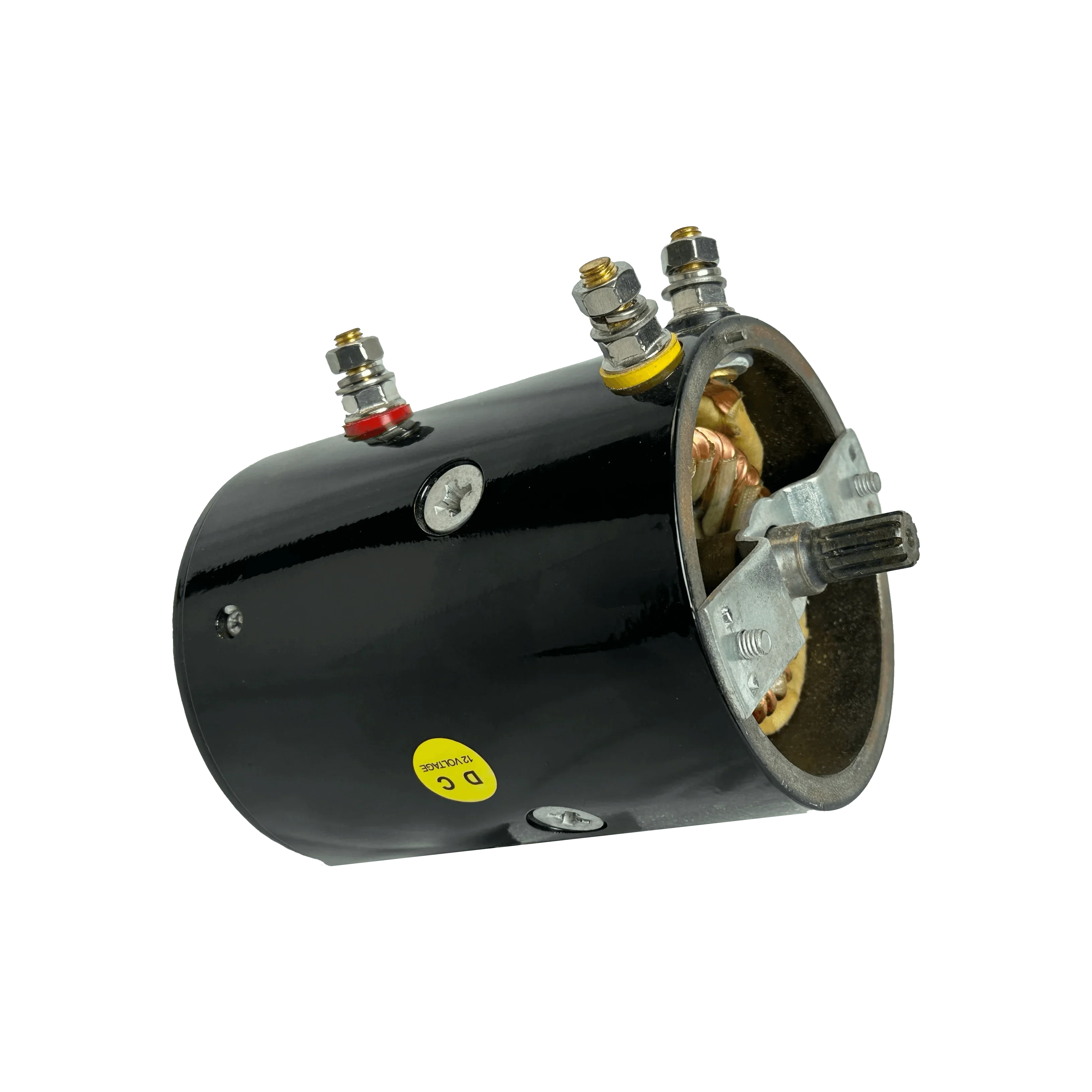 A black cylindrical PIERCE 9,000/12,000 lb Electric Planetary Winch Motor (Style 2) with exposed wiring and terminal bolts on one end.