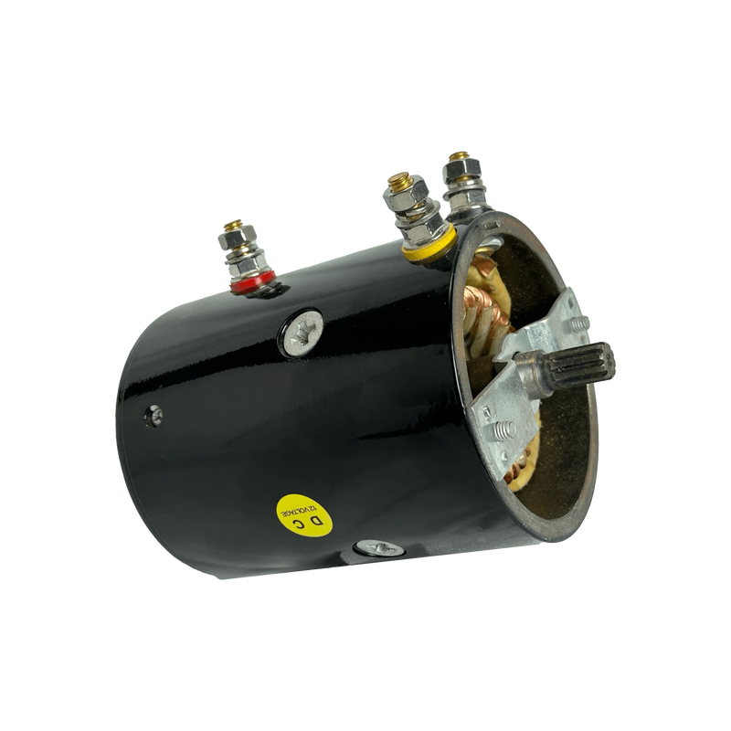 A black cylindrical PIERCE 9,000/12,000 lb Electric Planetary Winch Motor (Style 2) with exposed wiring and terminal bolts on one end.