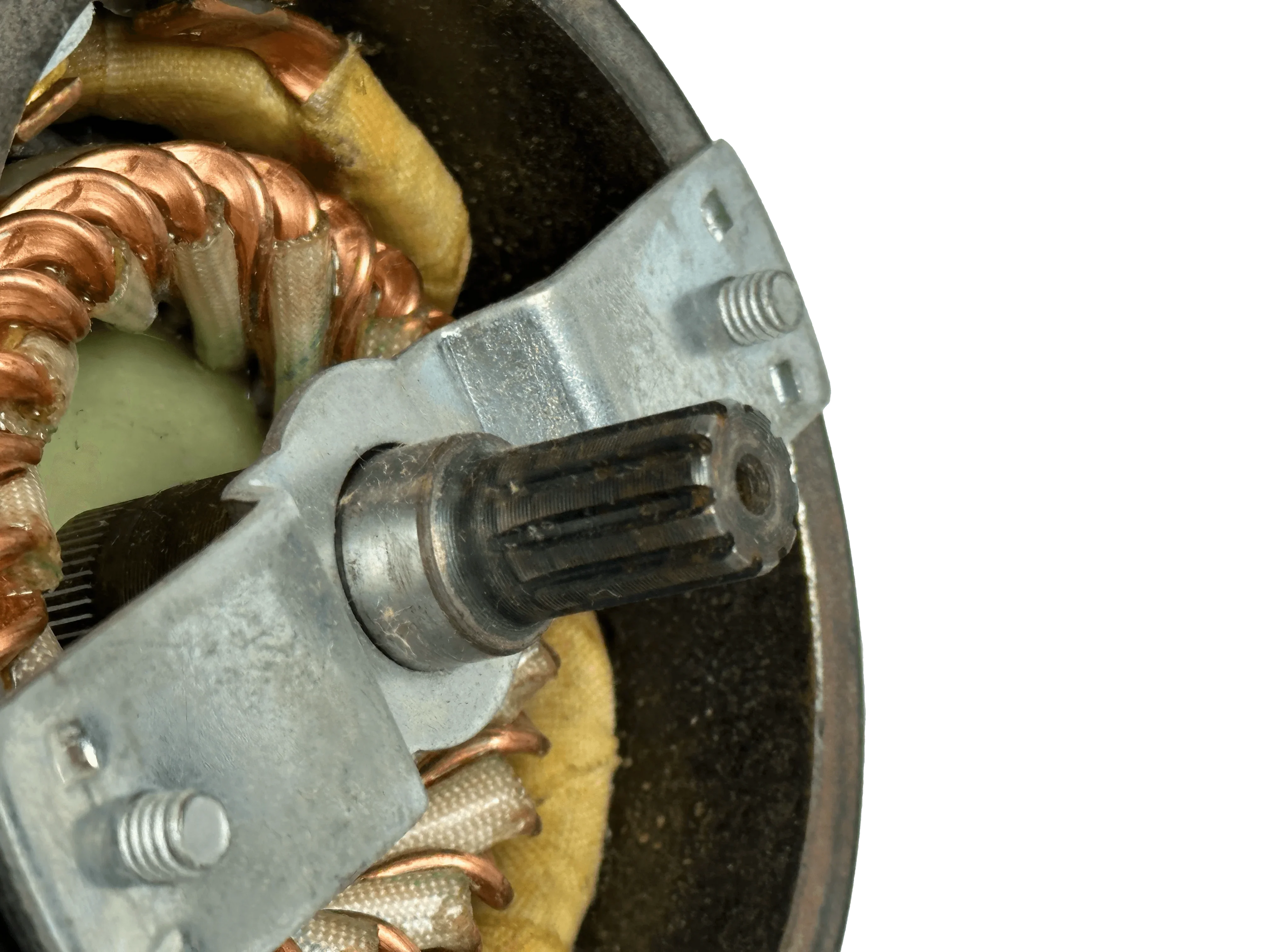 Close-up of the PIERCE 9,000/12,000 lb Electric Planetary Winch Motor | Style 2 rotor, featuring copper windings and a metal bracket—perfect for replacing your recovery winch motor.