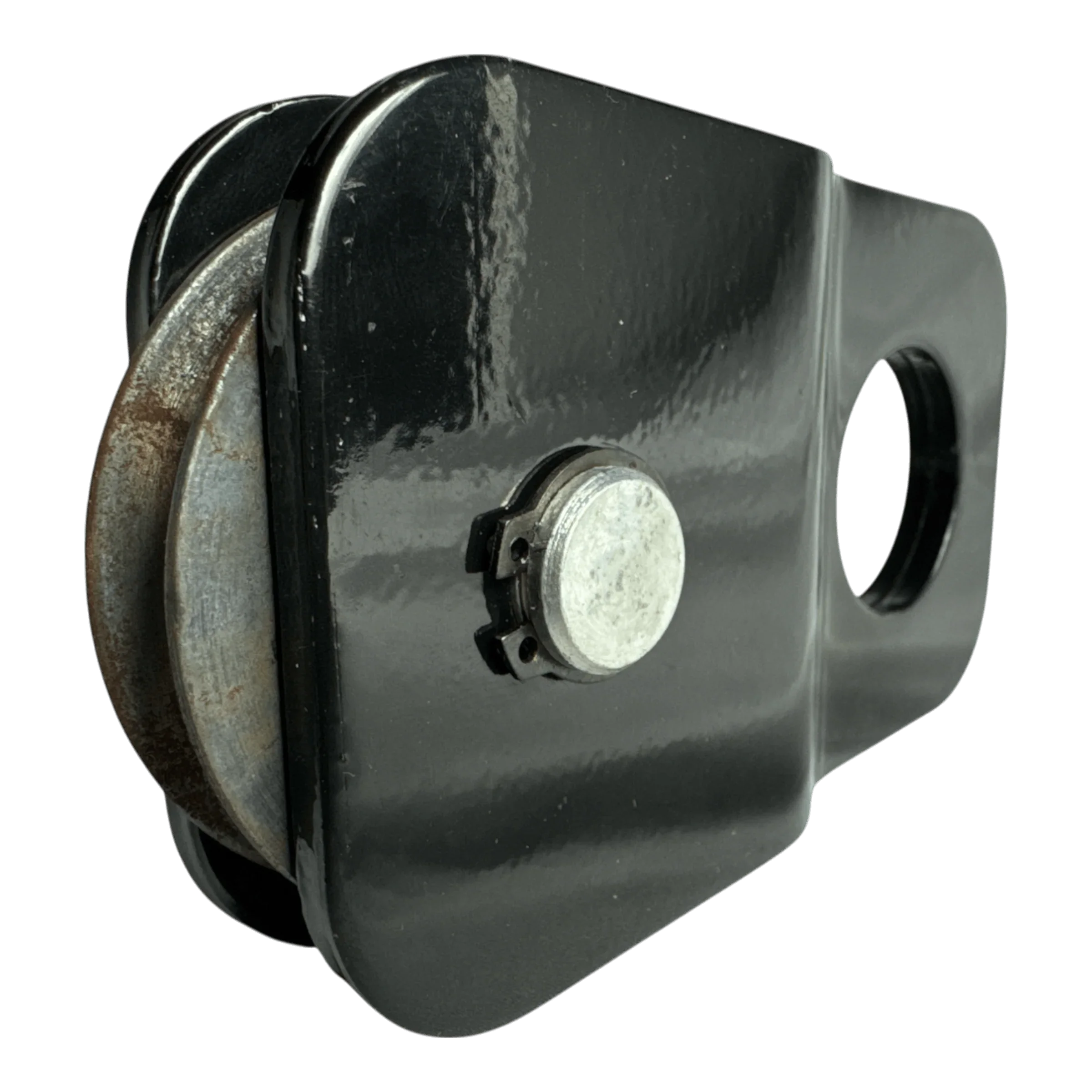 The PIERCE Snatch Block WLL 6,000 lbs. is a black metal pulley with a circular hole and visible rust on the wheel, designed for winch pulling up to 6,000 lbs.