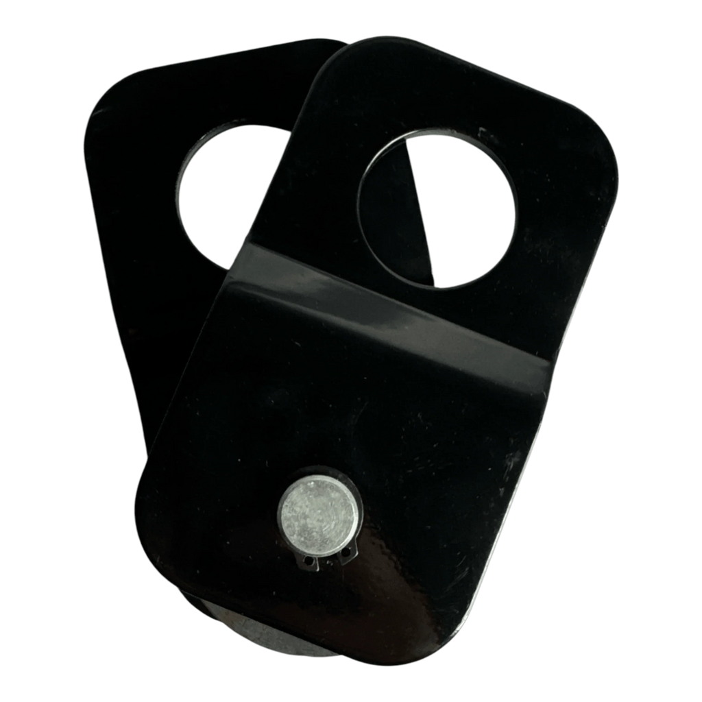 Two black metal brackets with circular holes and a silver bolt from the PIERCE Snatch Block WLL 6,000 lbs., overlapping on a white background.
