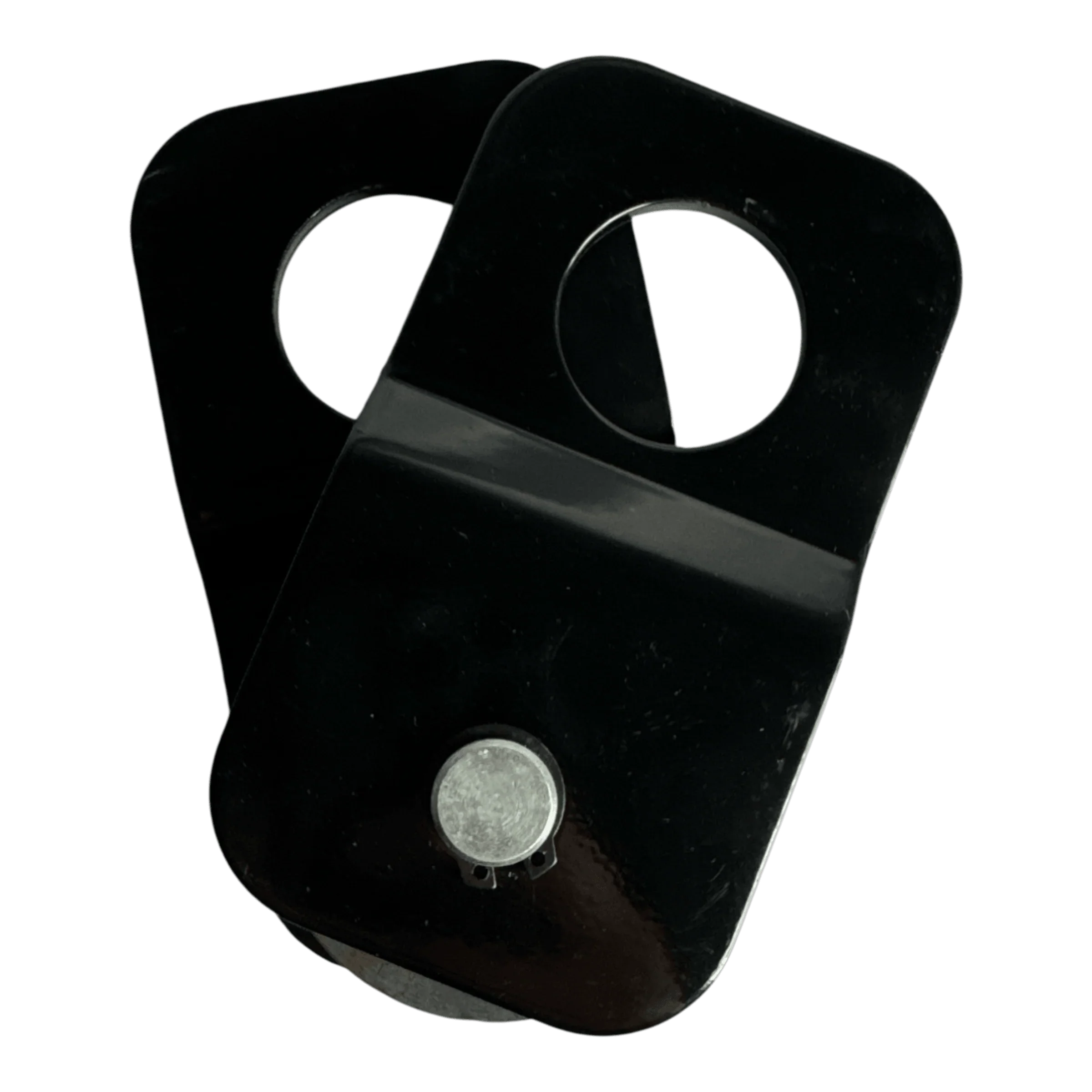 Two black metal brackets with circular holes and a silver bolt from the PIERCE Snatch Block WLL 6,000 lbs., overlapping on a white background.