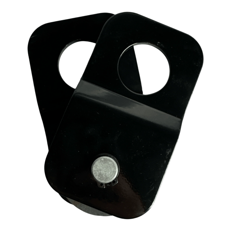 Two black metal brackets with circular holes and a silver bolt from the PIERCE Snatch Block WLL 6,000 lbs., overlapping on a white background.