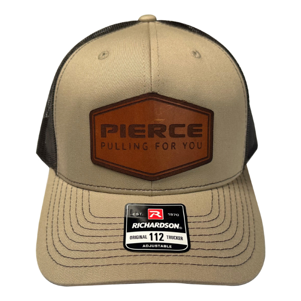 Tan PIERCE hat with a leather patch displaying "Pierce Pulling for You," featuring a Richardson 112 adjustable label, perfect for enhancing your hat collection.