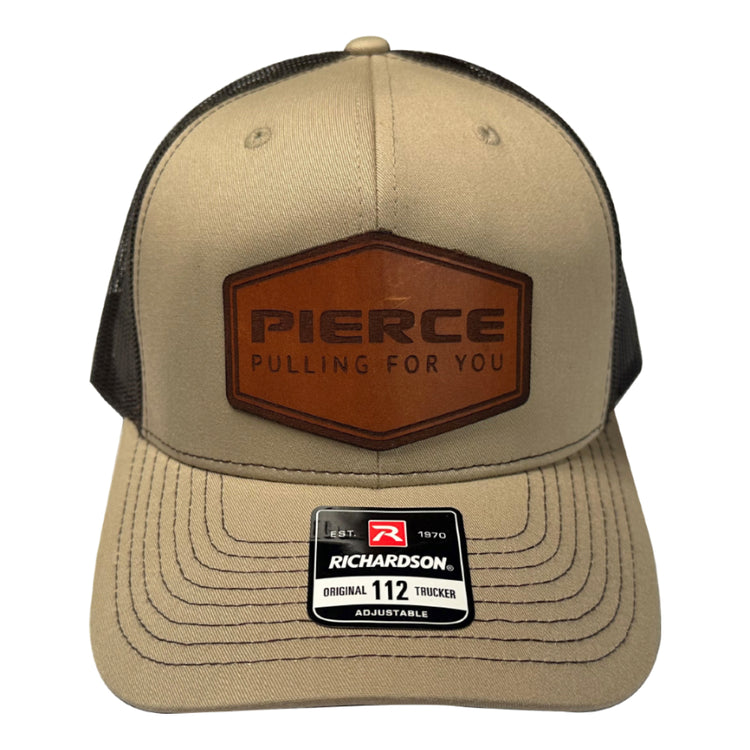 Tan PIERCE hat with a leather patch displaying "Pierce Pulling for You," featuring a Richardson 112 adjustable label, perfect for enhancing your hat collection.