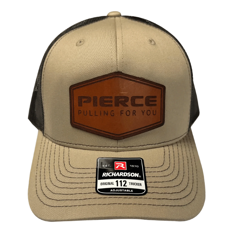 Tan PIERCE hat with a leather patch displaying "Pierce Pulling for You," featuring a Richardson 112 adjustable label, perfect for enhancing your hat collection.