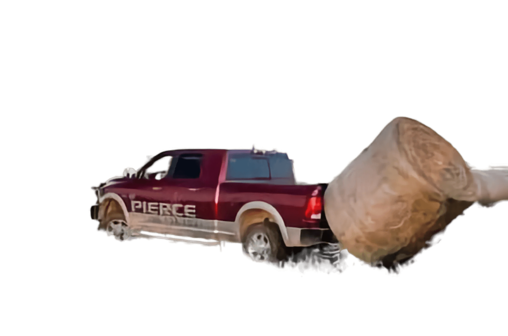 A red pickup equipped with the PIERCE Truck Bed Gooseneck Hay Bale Mover hauls a large hay bale on a white background.