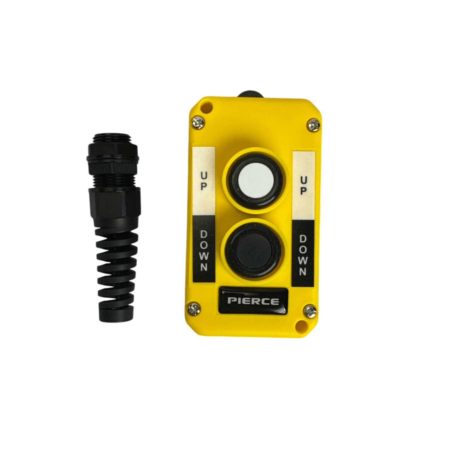 PIERCEs Universal Momentary Pendant Control features two buttons labeled UP and DOWN, a side black connector cable, and is perfect for industrial use.
