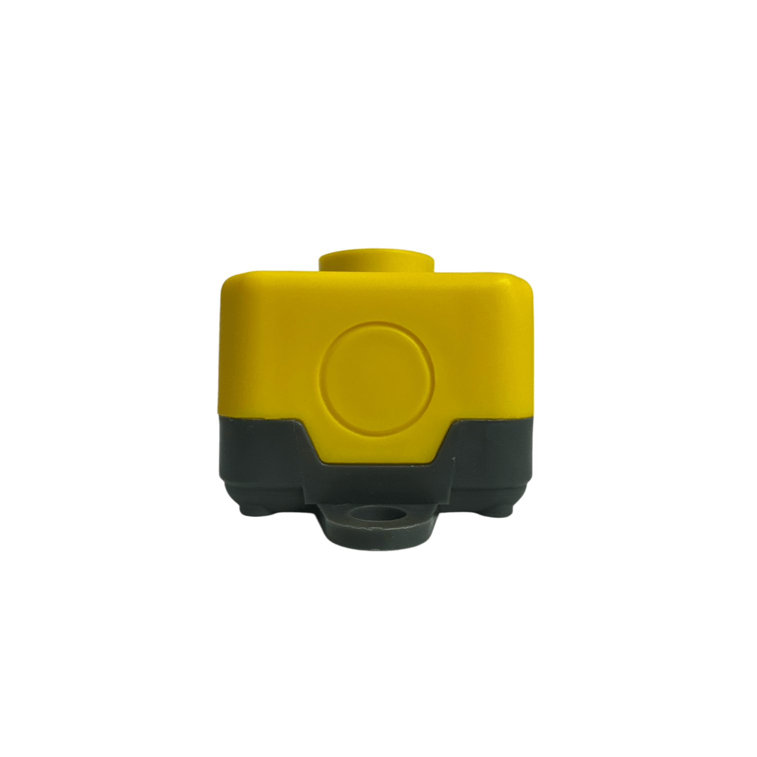 The PIERCE Universal Momentary Pendant Control - 2 Button is a rectangular yellow and gray device for industrial use with a circular top button. Front view against a black background, it resembles a sleek pendant control.