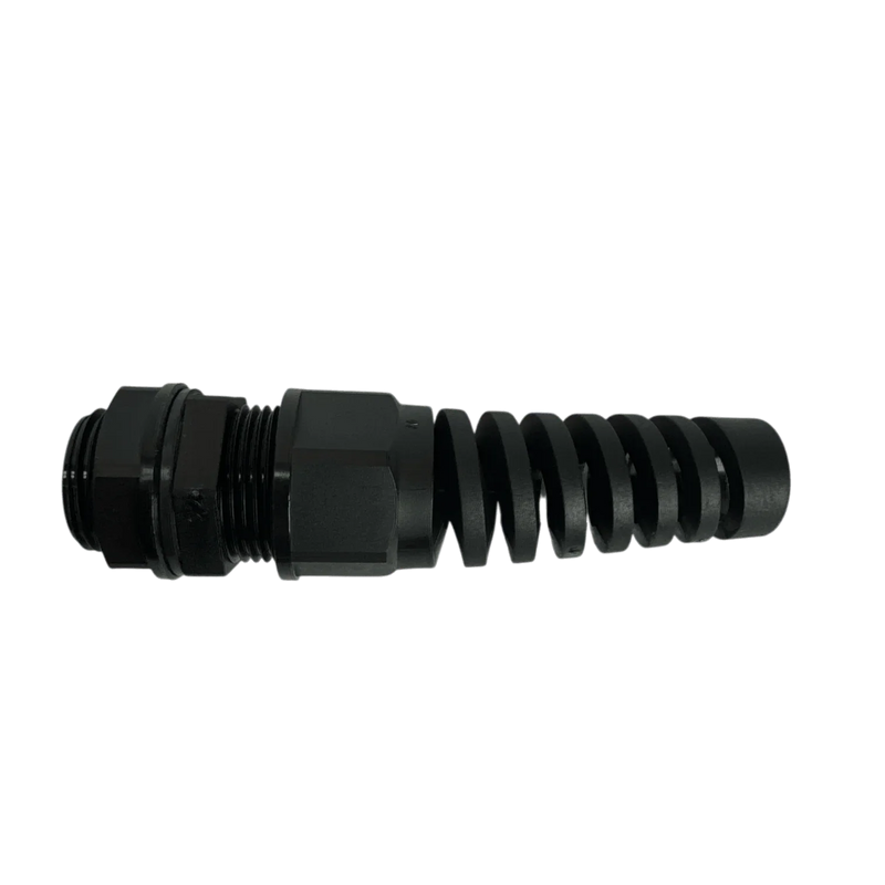 A PIERCE Universal Momentary Pendant Control - 2 Button, featuring a black coiled cable gland for industrial wire protection, set against a plain black background.