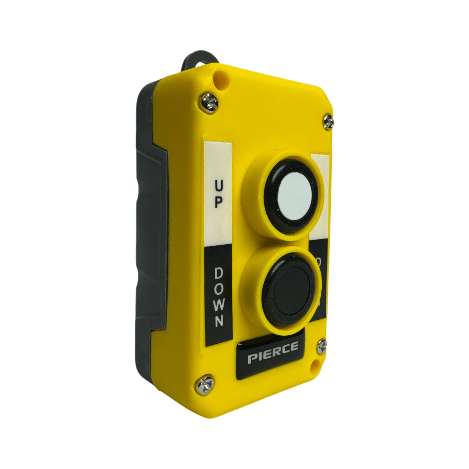 The PIERCE Universal Momentary Pendant Control is a yellow industrial switch with Up and Down buttons, ideal for various industrial applications.