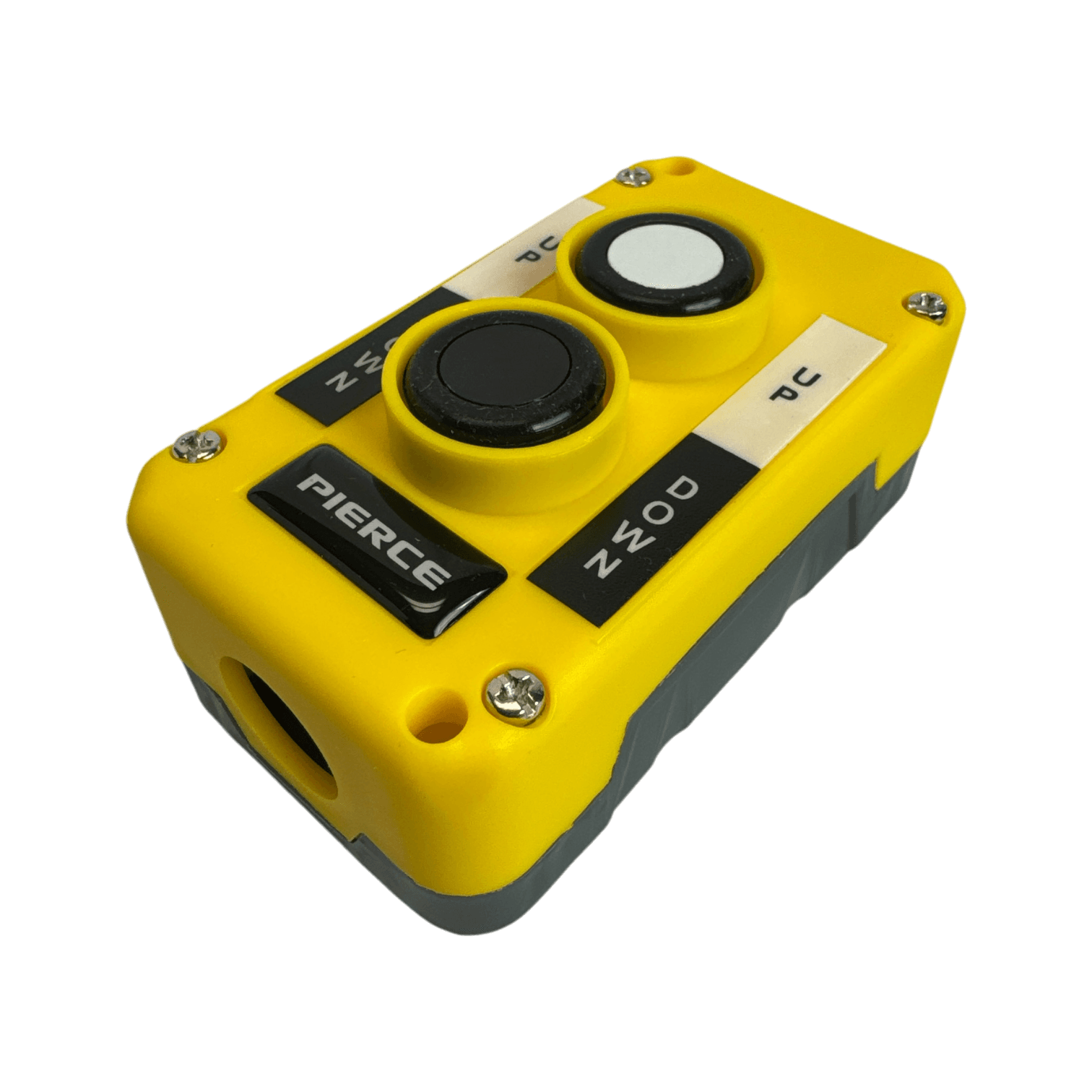 The PIERCE Universal Momentary Pendant Control is a yellow and gray industrial control box with two circular buttons and label text, perfect for various industrial applications.