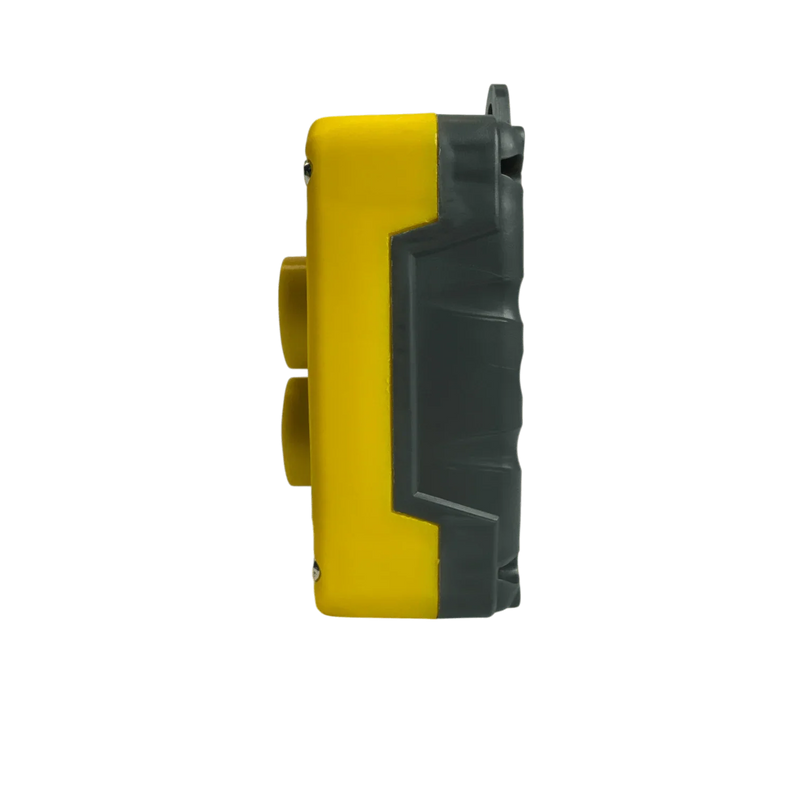 A side view of the PIERCE Universal Momentary Pendant Control - 2 Button in yellow and gray, resembling an industrial electronic device, against a black background.