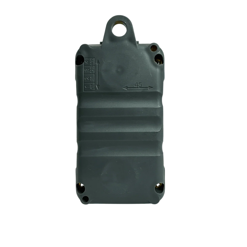 The PIERCE Universal Momentary Pendant Control - 2 Button is a dark gray device with a rounded top and screws, featuring numbers and an arrow on its surface, perfect for advanced industrial applications.
