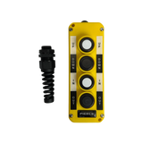Asetek Enterprise Company LTD's Universal Momentary Pendant Control - 4 Button features a yellow panel with four labeled buttons (UP, DOWN, IN, OUT) and a black coiled connector. Perfect as a universal controller or for industrial hydraulic power packs.