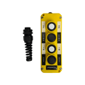 Asetek Enterprise Company LTD's Universal Momentary Pendant Control - 4 Button features a yellow panel with four labeled buttons (UP, DOWN, IN, OUT) and a black coiled connector. Perfect as a universal controller or for industrial hydraulic power packs.