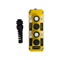 Asetek Enterprise Company LTD's Universal Momentary Pendant Control - 4 Button features a yellow panel with four labeled buttons (UP, DOWN, IN, OUT) and a black coiled connector. Perfect as a universal controller or for industrial hydraulic power packs.
