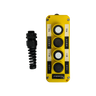 Asetek Enterprise Company LTD's Universal Momentary Pendant Control - 4 Button features a yellow panel with four labeled buttons (UP, DOWN, IN, OUT) and a black coiled connector. Perfect as a universal controller or for industrial hydraulic power packs.