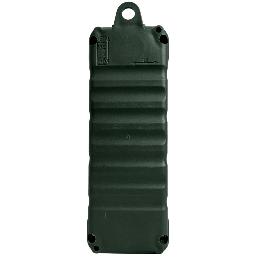 The Asetek Enterprise Company LTD Universal Momentary Pendant Control - 4 Button is a dark green, rectangular plastic device with ridges and a hole at one end, commonly used as a universal controller in industrial applications.