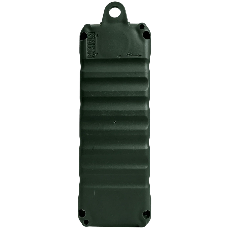 The Asetek Enterprise Company LTD Universal Momentary Pendant Control - 4 Button is a dark green, rectangular plastic device with ridges and a hole at one end, commonly used as a universal controller in industrial applications.