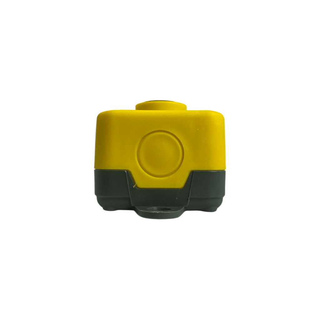 The Universal Momentary Pendant Control - 4 Button by Asetek Enterprise Company LTD is a yellow and black rectangular plastic device, viewed from the front against a white background, commonly used to control hydraulic power packs.