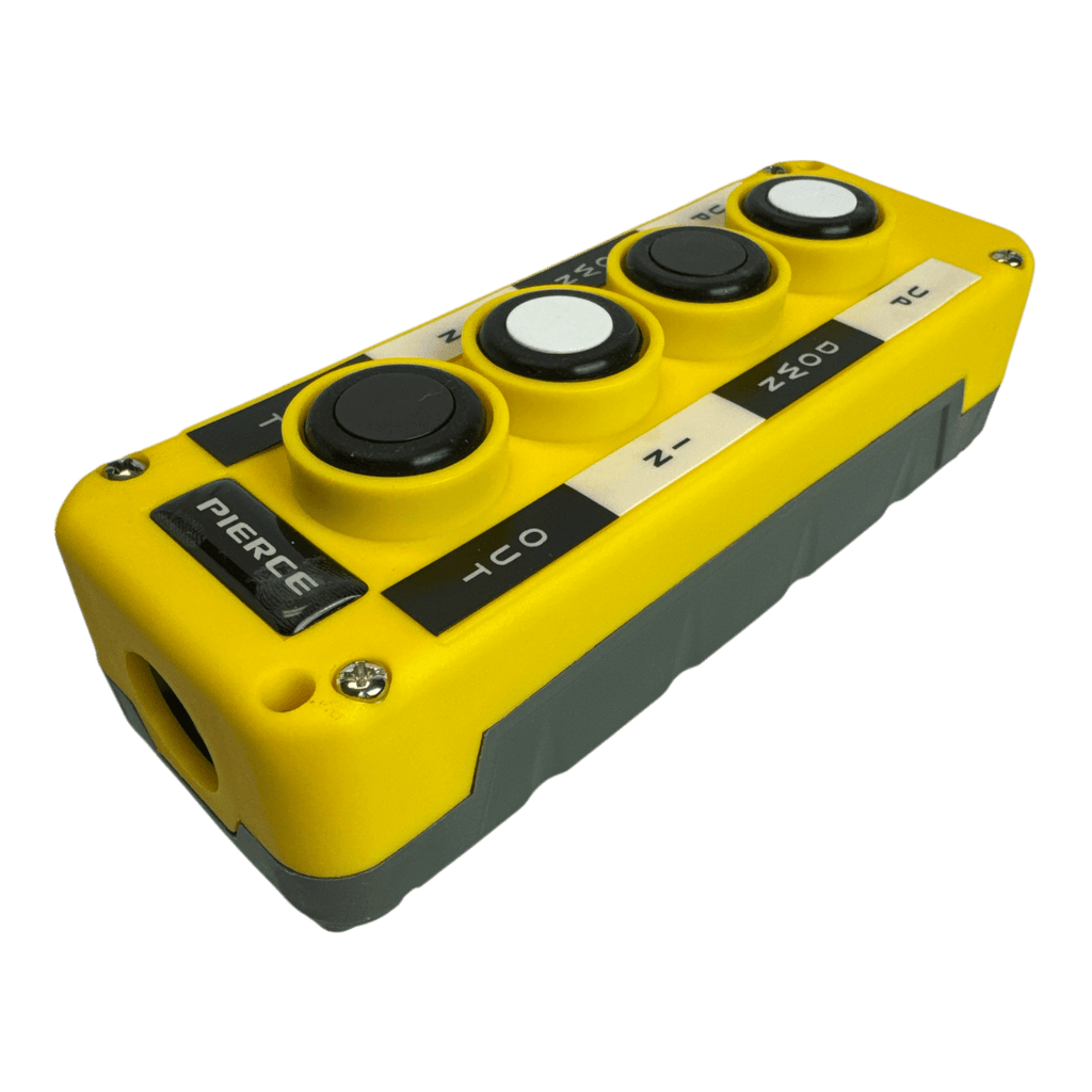 The Asetek Enterprise Company LTD Universal Momentary Pendant Control - 4 Button features black and white labeled buttons, perfect for industrial uses like hydraulic power packs.